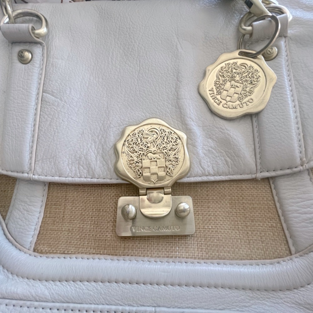 Bold Gold Medallion Vince Camuto cream pebble leather/rattan.Perfect for summer.